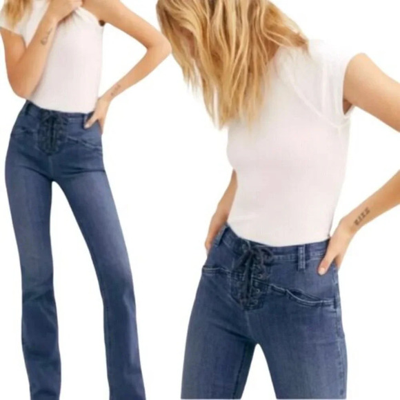 Free People Eva Lace Up Bootcut Jeans in Baltic Blue - NEW - Size 26 - Picture 1 of 10